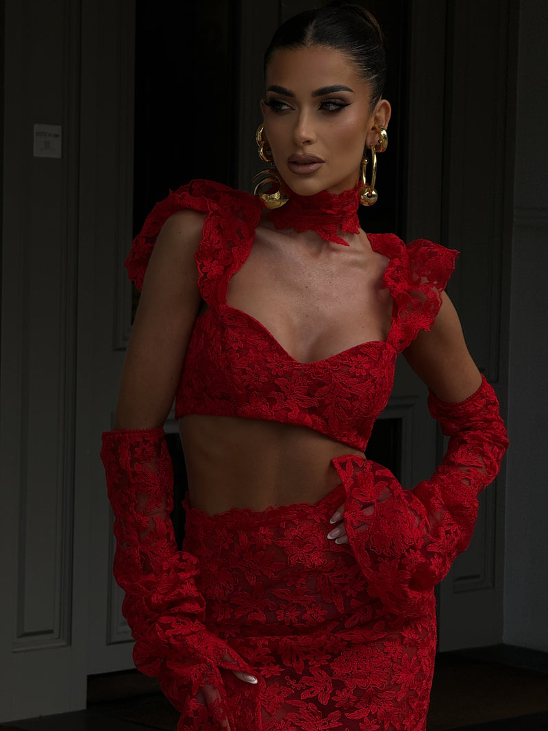 La Bonita Sweetheart Cropped Corset Red Lace and Necktie