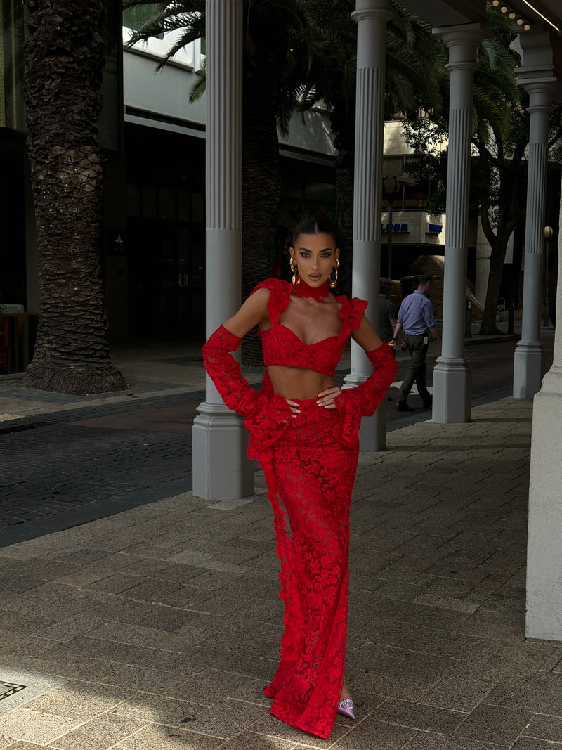 La Bonita Sweetheart Cropped Corset Red Lace and Necktie