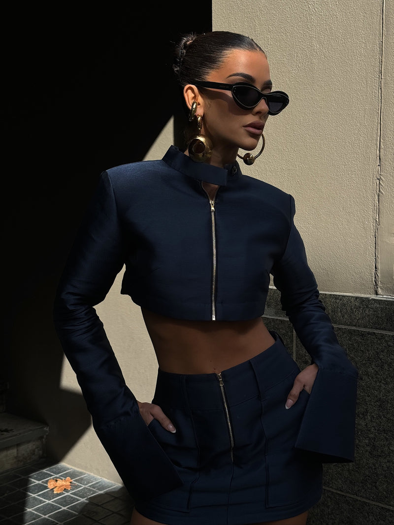 Femme Fatale Cropped Jacket Navy Blue