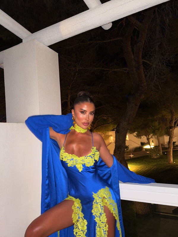 Rio Long Slip Dress Ocean Blue with Lime Green Lace