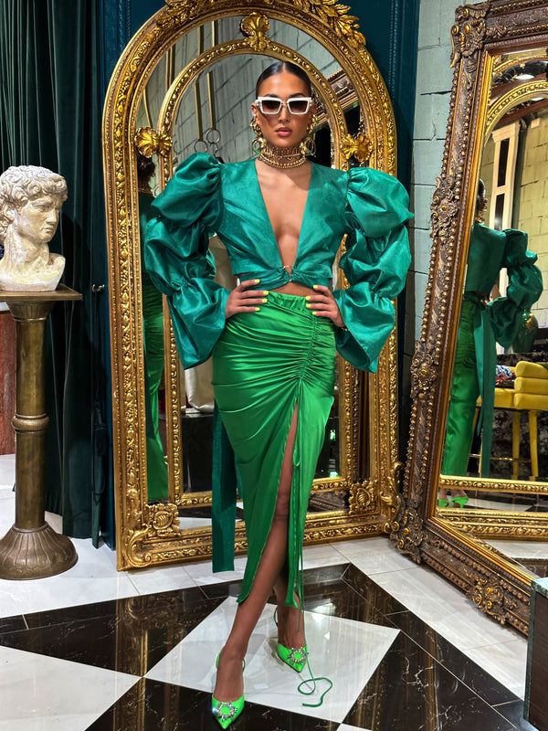 Roma Ruched Skirt Long Peacock Green