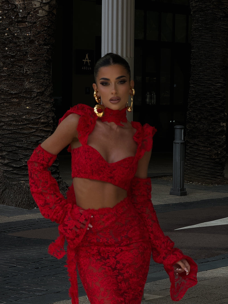 La Bonita Sweetheart Cropped Corset Red Lace and Necktie