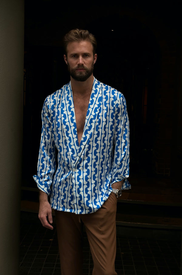Nico Shawl Neck Shirt Jacket in Blue and White Silk