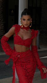 La Bonita Sweetheart Cropped Corset Red Lace and Necktie