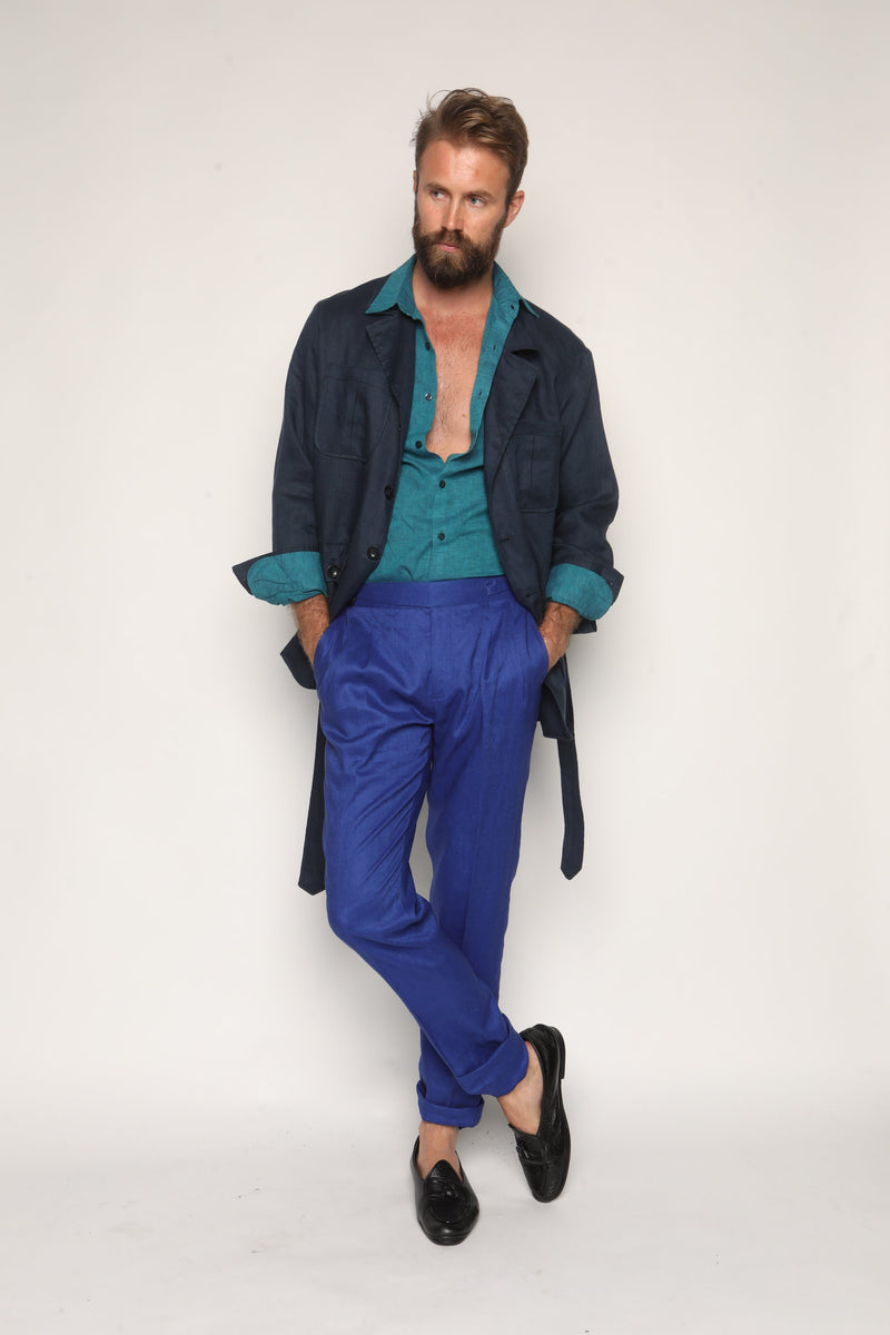 Gio High Waist Ghurka Trousers Cobalt Blue Linen