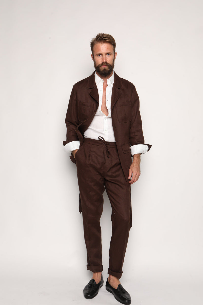 Misha High Waist Drawstring Trousers Brown Linen