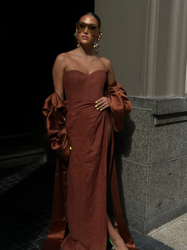 Femme Fatale Corset & Detachable Neck Sleeve Brown Linen