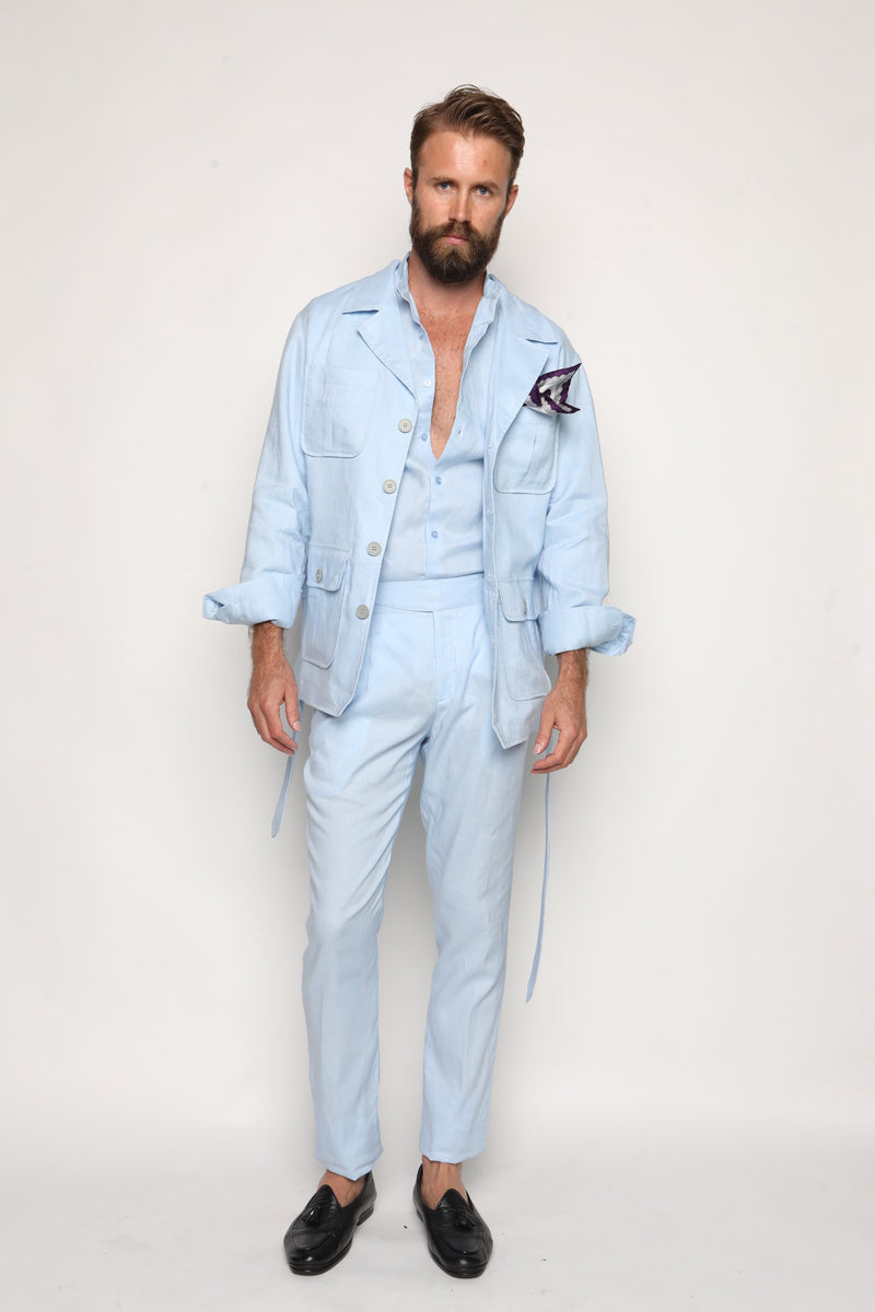 Gio High Waist Ghurka Trousers Baby Blue Linen