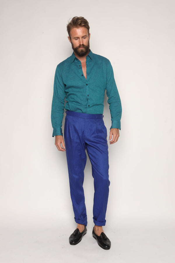 Luca Safari Linen Shirt with French Collar Teal