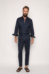 Carlos High Waist Trousers with Side Tabs Navy Blue Linen