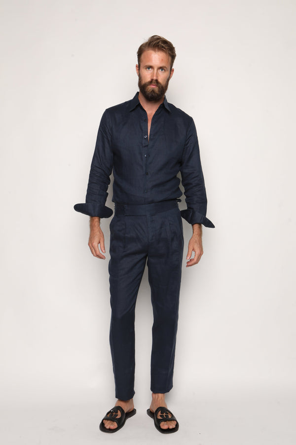 Carlos High Waist Trousers with Side Tabs Navy Blue Linen