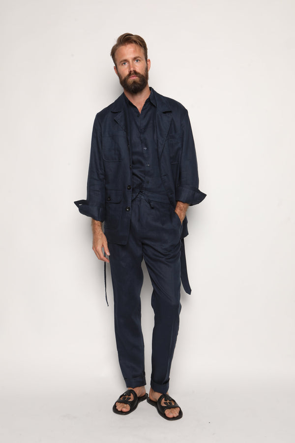 Misha High Waist Drawstring Trousers Navy Blue Linen