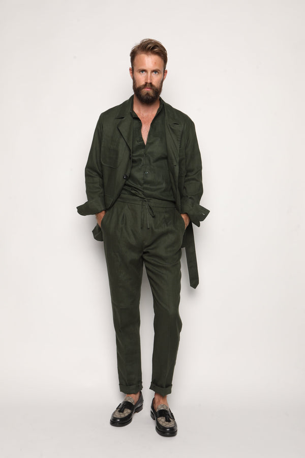 Misha High Waist Drawstring Trousers Forrest Green Linen