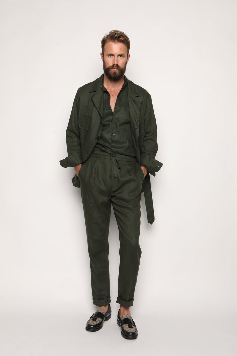 Misha High Waist Drawstring Trousers Forrest Green Linen