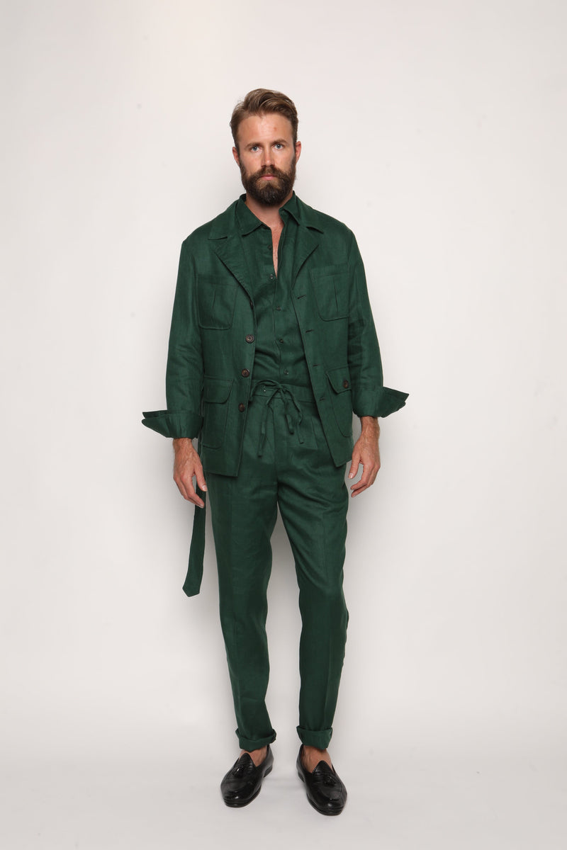 Misha High Waist Drawstring Trousers Peacock Green Linen