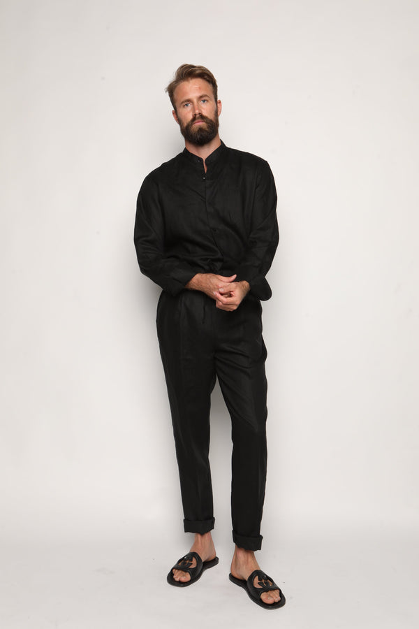 Misha High Waist Drawstring Trousers Black Linen