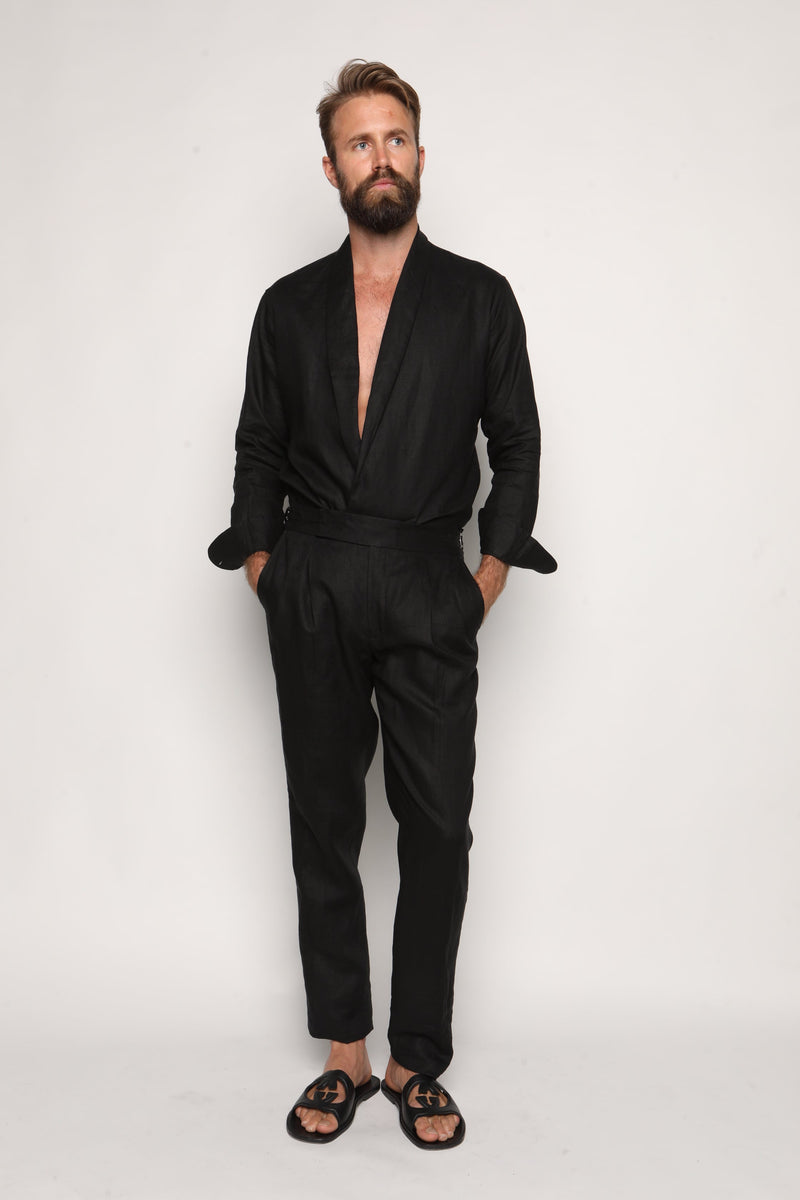 Carlos High Waist Trousers with Side Tabs Black Linen