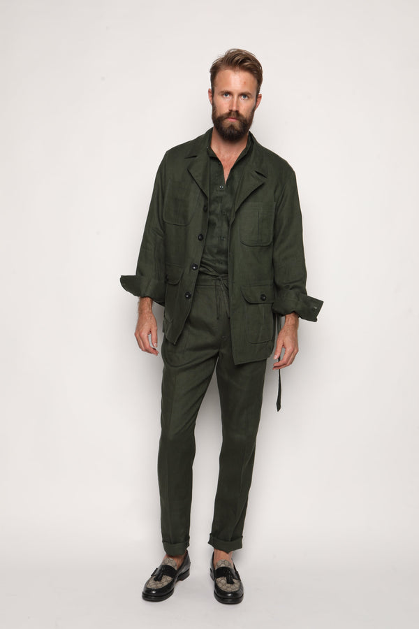 Misha High Waist Drawstring Trousers Forrest Green Linen