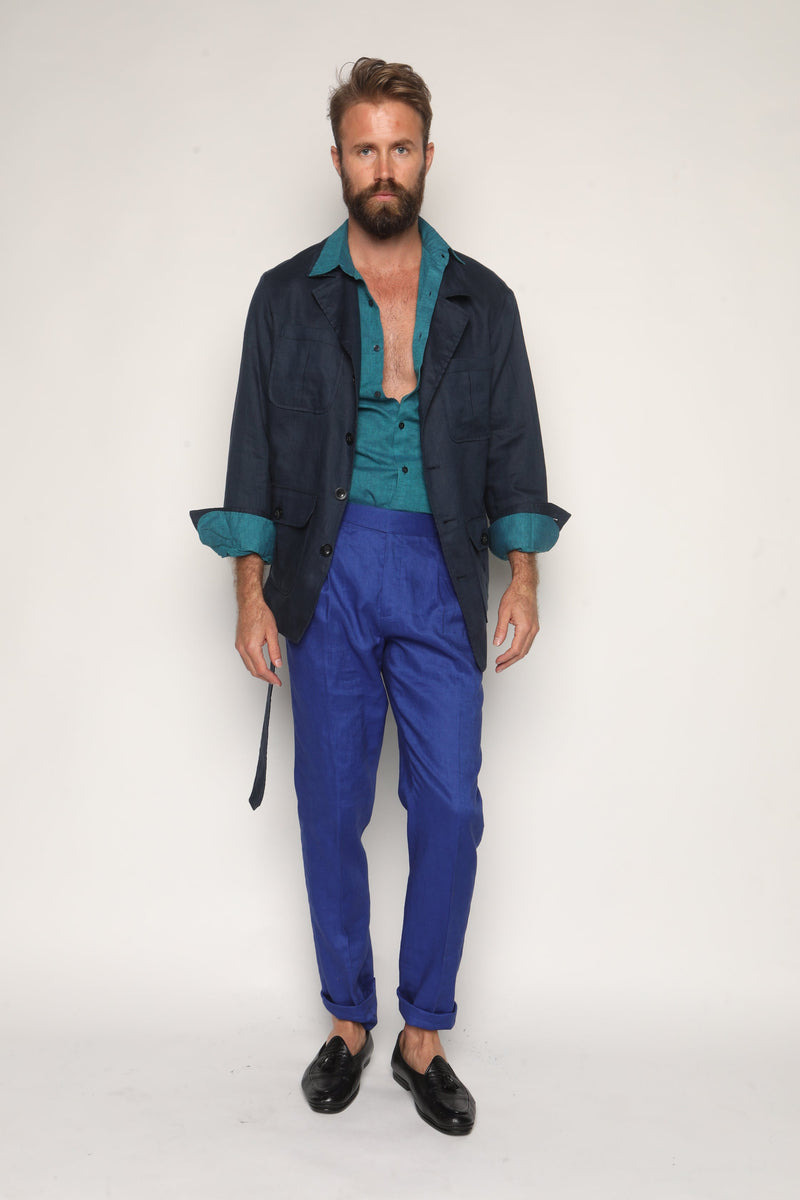 Gio High Waist Ghurka Trousers Cobalt Blue Linen