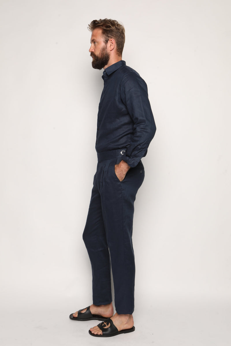 Luca Safari Linen Shirt with French Collar Navy Blue