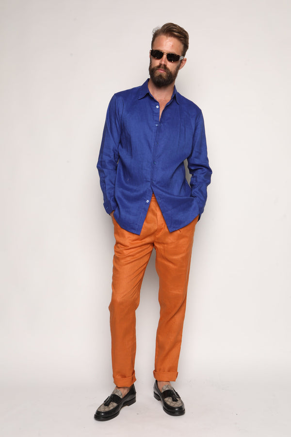 Luca Safari Linen Shirt with French Collar Cobalt Blue