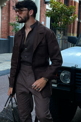 Carlos High Waist Trousers with Side Tabs Brown Linen