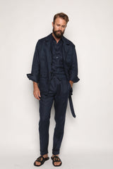 Misha High Waist Drawstring Trousers Navy Blue Linen