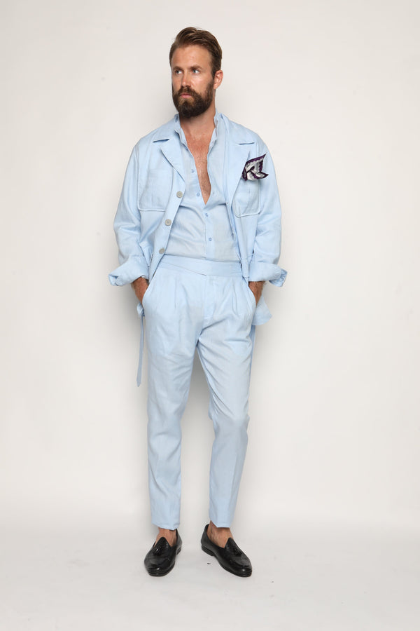 Gio High Waist Ghurka Trousers Baby Blue Linen