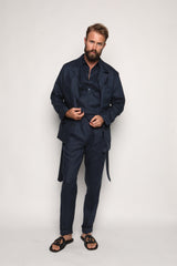 Misha High Waist Drawstring Trousers Navy Blue Linen