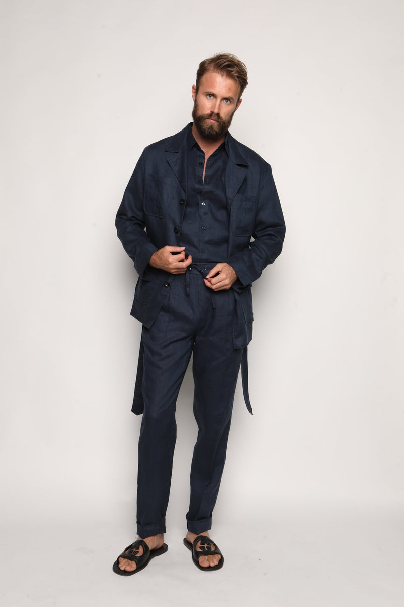 Misha High Waist Drawstring Trousers Navy Blue Linen