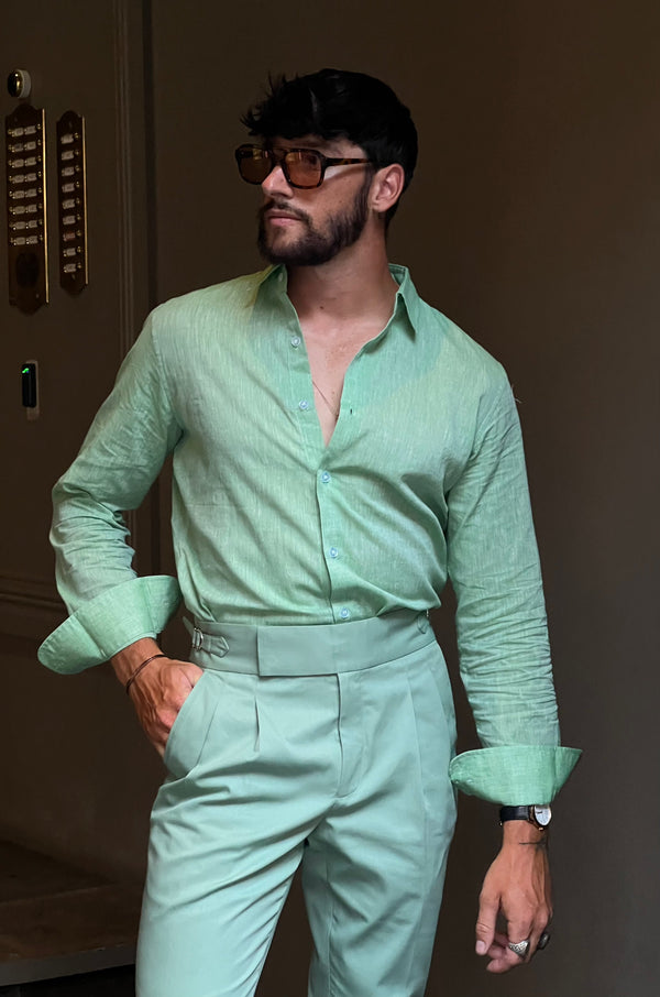 Carlos High Waist Trousers with Side Tabs Pistachio Cotton