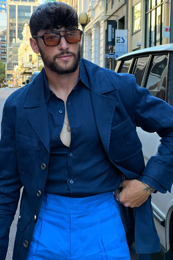 Carlos High Waist Trousers with Side Tabs Mid Blue Linen