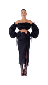 Roma Ruched Skirt Long Black Linen