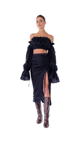 Roma Ruched Skirt Long Black Linen