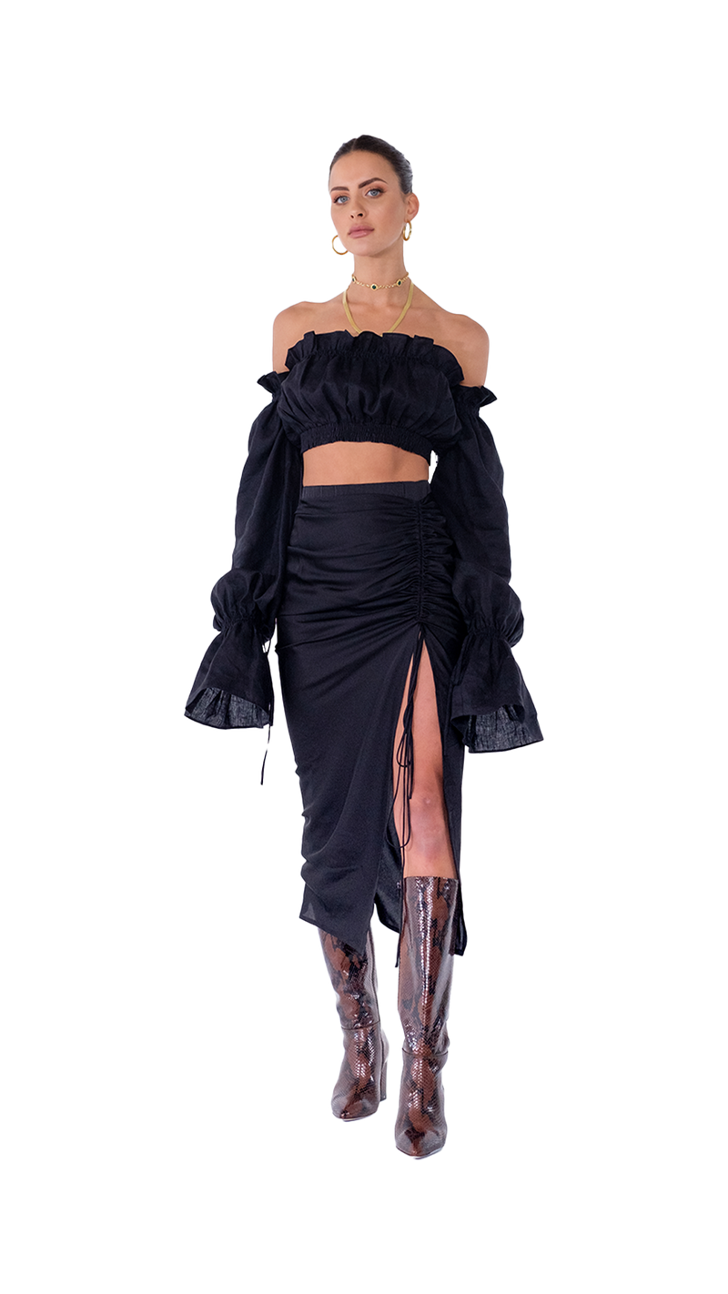 Roma Ruched Skirt Long Black Linen