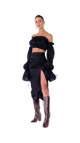 Roma Ruched Skirt Long Black Linen