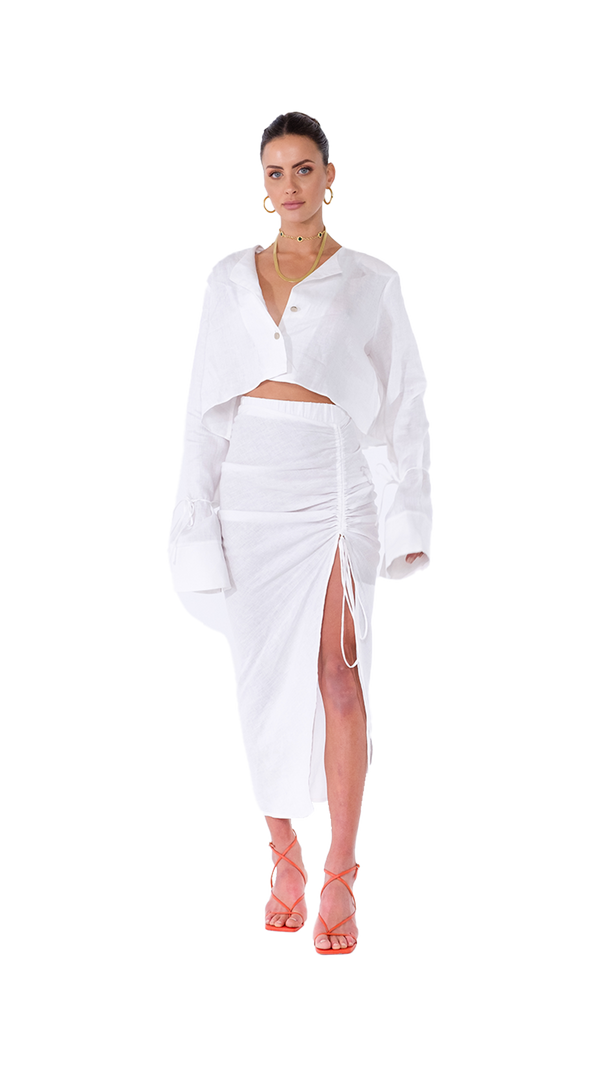 Roma Ruched Skirt Long White Linen