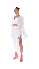 Roma Ruched Skirt Long White Linen