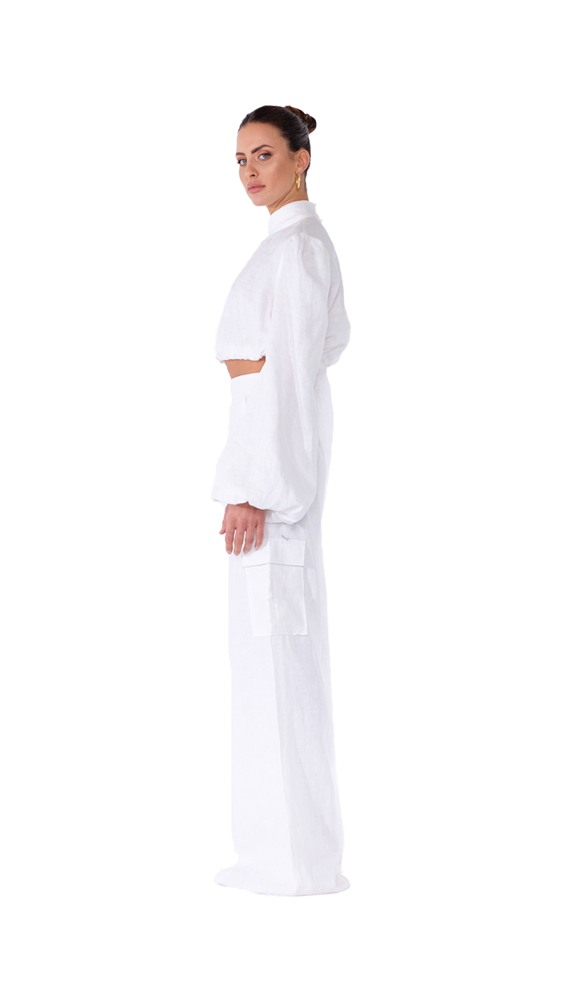 Philomena Cargo Pants Wide Leg White Linen