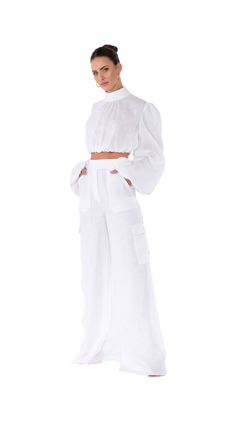 Palermo High Neck Blouse White Linen