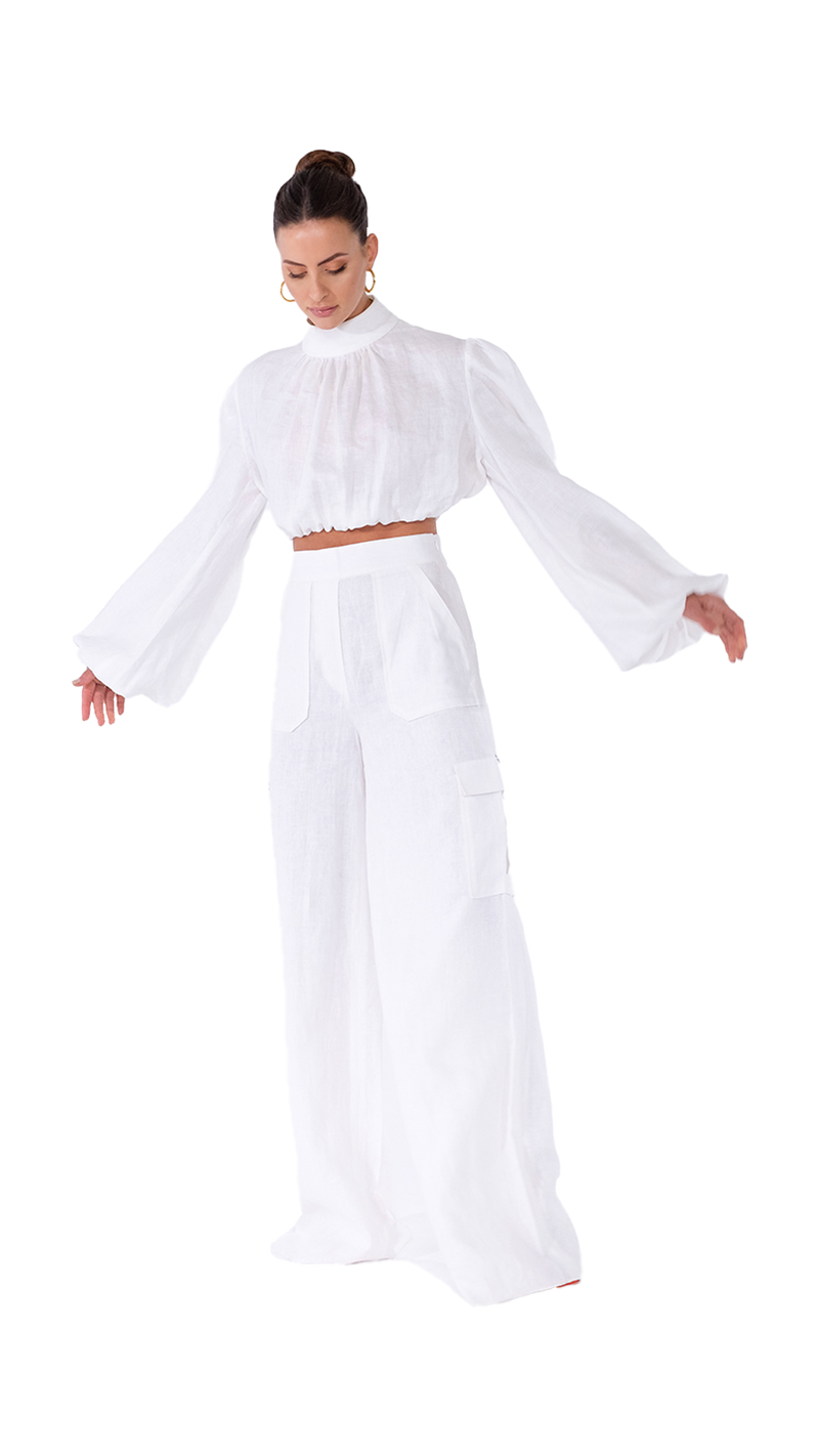 Philomena Cargo Pants Wide Leg White Linen
