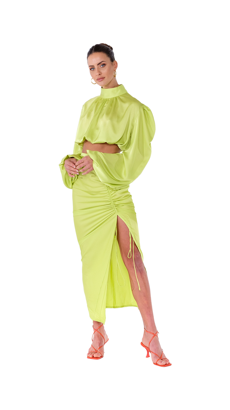 Roma Ruched Skirt Long Lime Green