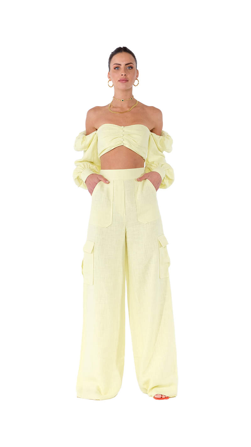 Philomena Cargo Pants Wide Leg Yellow Linen