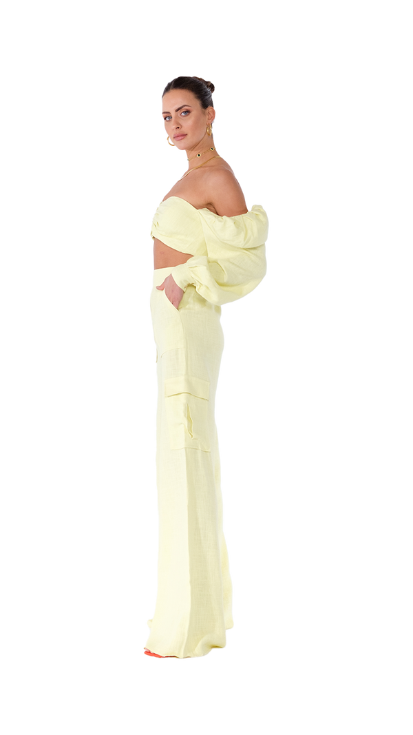 Philomena Cargo Pants Wide Leg Yellow Linen