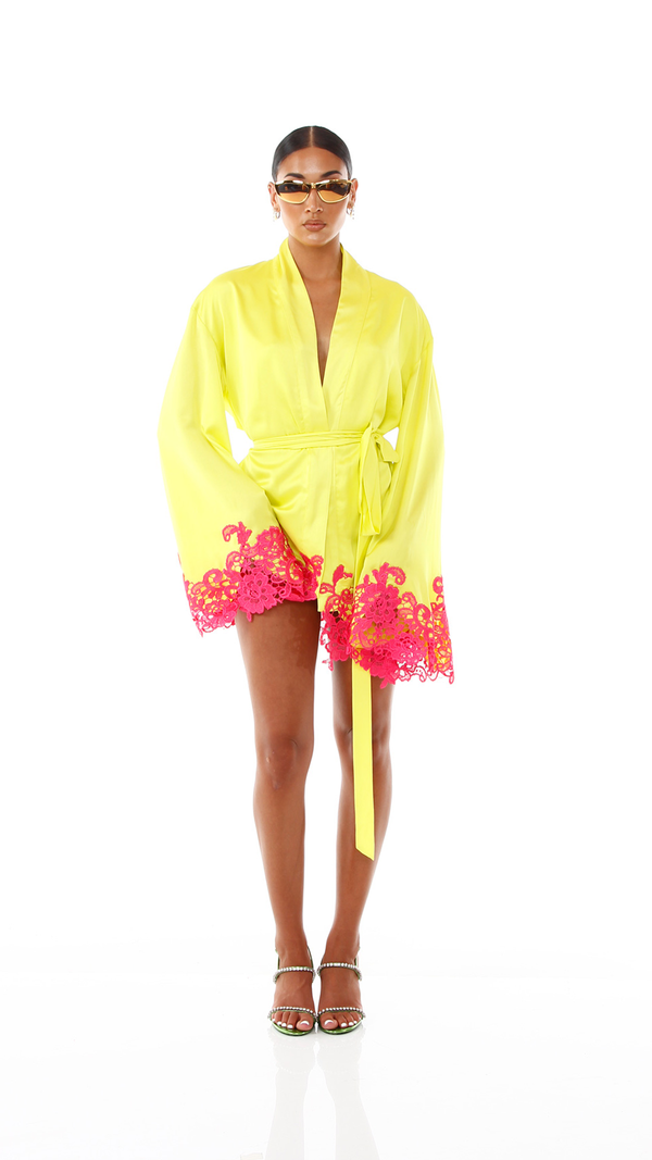 Rio Robe Fluro Yellow Pink Lace