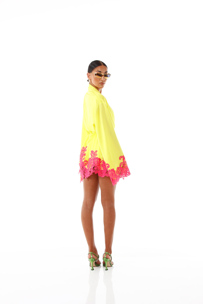 Rio Robe Fluro Yellow Pink Lace